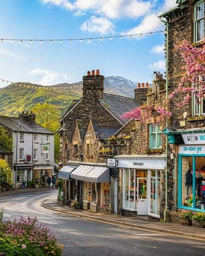 Ambleside town centre with Lakeland fells beyond